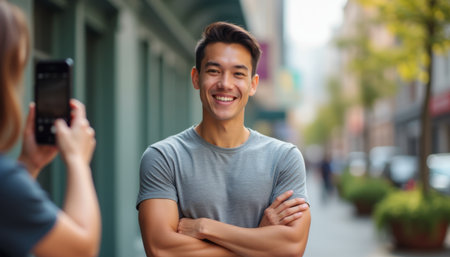 A smiling young Asian man stands confidently with arms crossed, enjoying a sunny day as a friend captures his joyful moment. The vibrant street scene adds a lively backdrop, radiating warmth and friendshipの素材