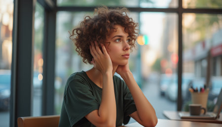 A pensive young woman with curly hair sits in a cozy cafe, lost in her thoughts as she gazes out the window. The warm ambiance and soft light create a reflective mood, inviting viewers to share in her moment of contemplationの素材