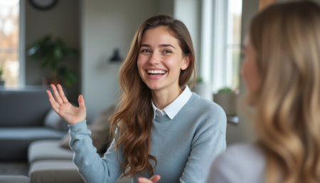 A joyful young woman with long, wavy hair smiles brightly while animatedly talking to a friend in a cozy living room. The warm atmosphere radiates friendship and connection, inviting viewers to share in this delightful momentの素材