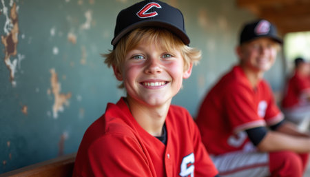 A cheerful young boy in a red baseball uniform beams with happiness while sitting in the dugout, showcasing the spirit of teamwork and youth. His bright smile radiates joy, capturing the essence of childhood and the excitement of the gameの素材