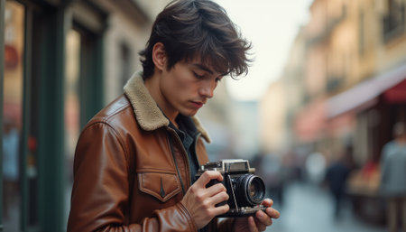 A stylish young man in a brown leather jacket focuses intently on his vintage camera, ready to capture the essence of the bustling street around him. This image radiates creativity and nostalgia, inviting viewers to appreciate the art of photography and the beauty of everyday lifeの素材