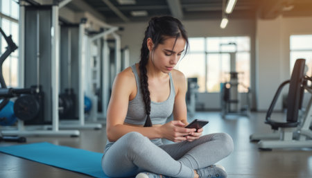 A dedicated young woman sits cross-legged on a yoga mat in a modern gym, intently checking her phone. The scene captures her commitment to fitness and the blend of technology with a healthy lifestyleの素材