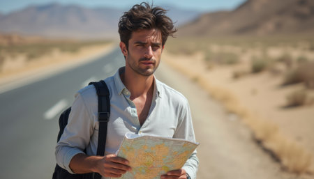 A handsome young man stands on a lonely desert road, intently studying a map as he navigates his journey. His thoughtful expression and the vast, arid landscape evoke a sense of adventure and discovery in the great outdoorsの素材