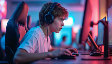 A young boy, deeply immersed in gaming, wears headphones and concentrates intently on his screen in a colorful esports environment. The dynamic lighting and his focused expression capture the excitement and intensity of competitive gamingの素材
