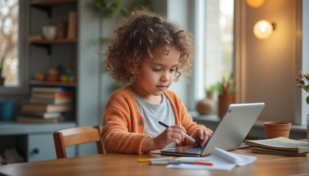 A young girl with curly hair is intently writing on her tablet, surrounded by a cozy, sunlit room filled with books and plants. Her concentration and creativity shine through, making this scene a delightful glimpse into childhood learning and explorationの素材
