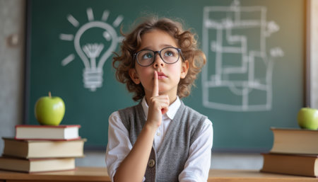 A curious young boy with curly hair and glasses sits in front of a chalkboard, deep in thought, surrounded by books and apples. His expression captures the essence of creativity and inspiration, symbolizing the joy of learning and discoveryの素材