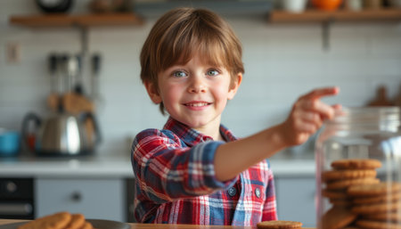 A joyful young boy with tousled hair smiles brightly as he reaches for a jar filled with delicious cookies. His playful spirit and excitement for treats create a warm, inviting atmosphere in the cozy kitchenの素材