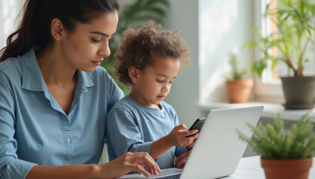 A focused mother types on her laptop while her curious child explores a smartphone, creating a warm scene of modern family life. This image captures the essence of nurturing and learning in a cozy, plant-filled environmentの素材