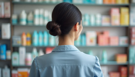 A focused woman with a sleek bun stands in front of a colorful array of beauty products, contemplating her choices. The image captures the essence of self-care and the excitement of exploring new skincare and cosmetic optionsの素材