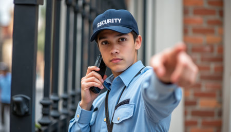 A focused young male security guard in a blue uniform and cap points assertively while holding a walkie-talkie, exuding authority and vigilance. His determined expression and professional demeanor highlight the importance of safety and protection in public spacesの素材