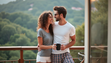 A joyful couple stands on a balcony, sharing smiles and warmth while holding a coffee mug, surrounded by lush green hills. This intimate scene radiates love and connection, capturing a perfect moment of togetherness and tranquilityの素材