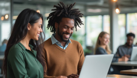 A joyful man and woman share a moment of collaboration, smiling as they work together on a laptop in a bright, contemporary office. Their expressions radiate teamwork and creativity, embodying the spirit of innovation in a vibrant workspaceの素材