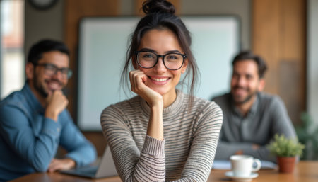 A cheerful young woman with glasses beams at the camera, surrounded by two smiling men in a stylish office. This vibrant scene captures the essence of teamwork and positivity, showcasing a collaborative atmosphere filled with creativity and camaraderieの素材