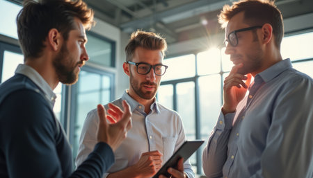 In a bright, modern office, three men are deep in conversation, analyzing data on a tablet. Their expressions reflect curiosity and collaboration, showcasing teamwork and innovation in a professional settingの素材