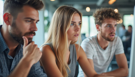 Three young professionals, two men and one woman, are intensely engaged in a brainstorming session, showcasing teamwork and concentration. Their expressions reflect determination and creativity as they work together to solve challenges in a modern office environmentの素材