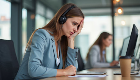 A focused businesswoman with long brown hair wears headphones, looking stressed while working at her desk in a contemporary office. Her expression reflects the pressures of a demanding work environment, highlighting the challenges faced by professionals todayの素材