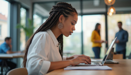 A young Black woman with braided hair is deeply engaged in her work on a laptop, surrounded by a contemporary office environment. The scene captures the essence of productivity and collaboration, with colleagues in the background, highlighting a dynamic workspaceの素材