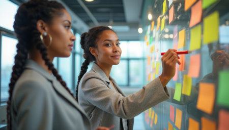 In a modern office space, two women of African descent collaborate, one writing on a glass board filled with vibrant sticky notes. This dynamic scene captures the essence of teamwork and creativity, showcasing their dedication to innovative ideas and problem-solvingの素材