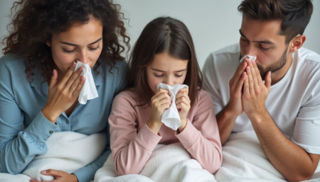 A mother, father, and their young daughter sit together, each holding tissues, conveying a shared moment of sorrow. Wrapped in cozy blankets, their expressions reflect empathy and support, highlighting the strength of family bonds during tough timesの素材