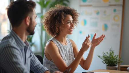 A confident woman with curly hair animatedly shares her ideas during a meeting, while a man attentively listens beside her. This dynamic scene captures the essence of collaboration and creativity in a professional environmentの素材