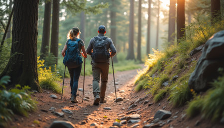 A man and woman walk hand in hand along a serene forest path, illuminated by the warm glow of the setting sun. Their backpacks and hiking poles suggest an adventurous spirit, inviting viewers to explore natures beauty togetherの素材