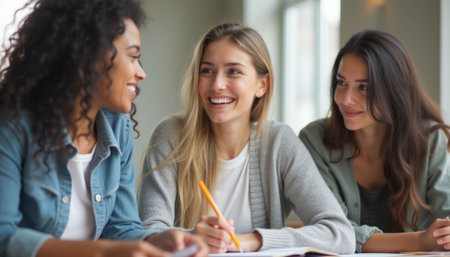 Three women of different ethnicities are engaged in a lively discussion, radiating joy and camaraderie. Their smiles and animated expressions create an inviting atmosphere of friendship and collaborationの素材