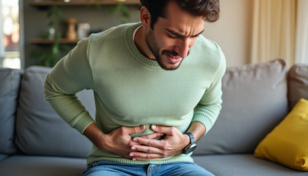 A young man with dark hair clutches his stomach in discomfort, seated on a cozy couch with soft lighting. This poignant moment captures the struggle of dealing with sudden pain, evoking empathy and concernの素材