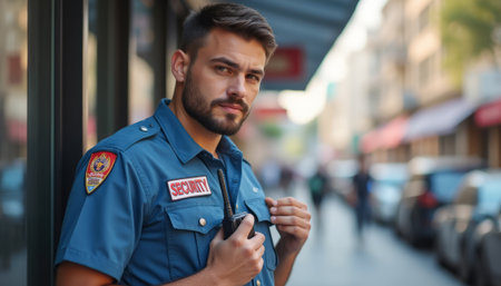 A focused security guard stands confidently in a bustling city street, showcasing his professionalism and readiness. His sharp uniform and determined expression reflect a commitment to safety and vigilance in a vibrant urban environmentの素材