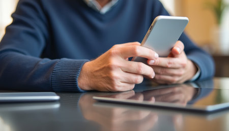A man in a navy sweater intently engages with his smartphone, surrounded by modern tech devices on a polished table. This image captures the essence of connectivity and the digital age, highlighting the blend of technology and daily lifeの素材