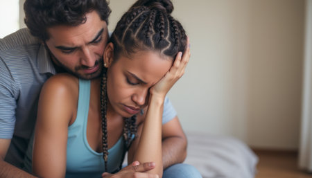 A man gently embraces a woman who appears troubled, her head resting on her hand in a moment of vulnerability. This poignant scene captures the complexities of love and support during difficult times, highlighting the emotional connection between themの素材