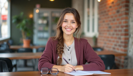 A cheerful young woman with long brown hair sits at a rustic wooden table, jotting down notes in a notebook. Her warm smile and relaxed atmosphere create a sense of inspiration and creativity, perfect for studying or brainstormingの素材