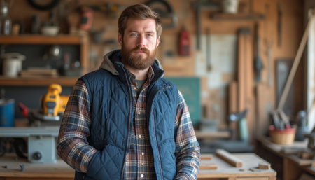 A rugged man with a well-groomed beard stands confidently in a cozy workshop filled with tools and wood. His plaid shirt and quilted vest reflect a blend of style and practicality, embodying the spirit of craftsmanship and creativityの素材