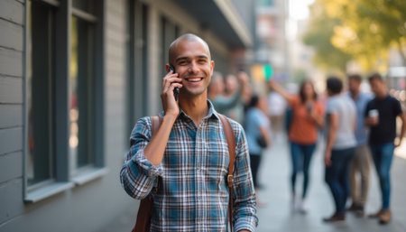 A cheerful man with a shaved head is engaged in a phone conversation, radiating positivity amidst a bustling city backdrop. His casual plaid shirt and warm smile reflect a vibrant atmosphere filled with social interactions and urban energyの素材