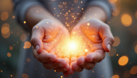 Two hands gently cradle a radiant orb of light, surrounded by a magical aura of sparkling particles. This captivating image evokes feelings of hope and wonder, symbolizing the power of dreams and possibilitiesの素材