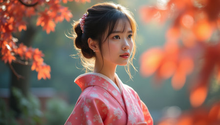 A serene young woman in a delicate pink kimono stands gracefully among brilliant autumn foliage, capturing the essence of tranquility and beauty. The soft light filtering through the leaves enhances her elegance, creating a captivating atmosphere of cultural richness and seasonal charmの素材