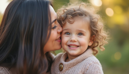 A loving mother kisses her curly-haired child, both radiating happiness in a sunlit outdoor setting. This heartwarming scene captures the essence of maternal love and the joy of childhood, creating a beautiful bond between themの素材