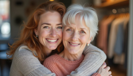 A radiant young woman and her elderly mother share a warm embrace, their smiles reflecting love and happiness. This heartwarming moment captures the essence of family bonds and the joy of togetherness across generationsの素材