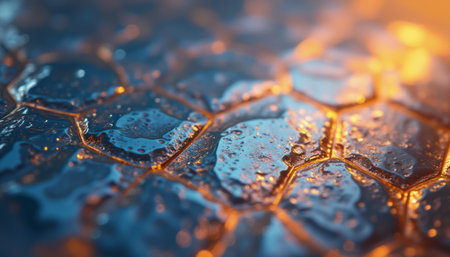 A stunning close-up of a honeycomb texture, adorned with shimmering droplets that catch the light beautifully. This captivating image evokes a sense of freshness and natures intricate design, perfect for themes of purity and vitalityの素材