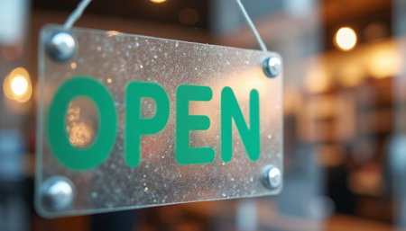A close-up of a vibrant green OPEN sign hangs invitingly, signaling a warm welcome to all who pass by. This image captures the essence of hospitality and the excitement of new opportunities in a bustling environmentの素材