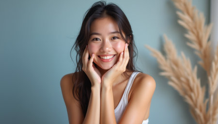 A radiant young woman with long, dark hair beams with joy, her hands gently framing her face against a soft blue background. This uplifting image captures the essence of happiness and confidence, inviting viewers to share in her bright spiritの素材