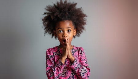 A young Black girl with a stunning afro hairstyle displays a look of astonishment, her hands clasped together in front of her mouth. This captivating image captures the essence of childhood wonder and surprise, inviting viewers to share in her moment of disbeliefの素材
