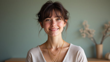 A radiant young woman with soft features and a bright smile stands against a calming green backdrop. Her layered gold necklaces add a touch of elegance, enhancing the inviting atmosphere of joy and warmthの素材