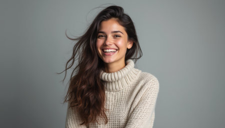 A cheerful young woman with flowing dark hair beams with happiness, wearing a cozy cream sweater against a soft gray backdrop. Her radiant smile and warm expression evoke feelings of joy and positivity, inviting connection and warmthの素材