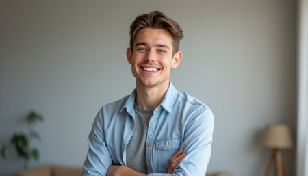 A joyful young man stands with crossed arms, radiating positivity and confidence in a well-lit, modern space. His warm smile and relaxed demeanor create an inviting atmosphere, perfect for showcasing happiness and self-assuranceの素材