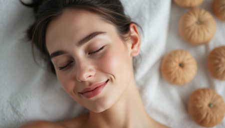 A peaceful young woman with closed eyes smiles gently, surrounded by soft textures and calming elements. This image radiates relaxation and self-care, inviting viewers to embrace moments of serenity and beautyの素材