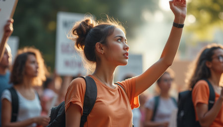 A determined young woman with a bun hairstyle raises her hand in solidarity during a vibrant protest, surrounded by fellow activists. The image captures the spirit of youth activism and the power of collective voices advocating for changeの素材