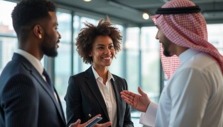 A confident Black woman smiles while conversing with two men, one in a suit and the other in traditional attire, in a modern office setting. This dynamic scene captures the essence of collaboration and cultural exchange in the workplaceの素材