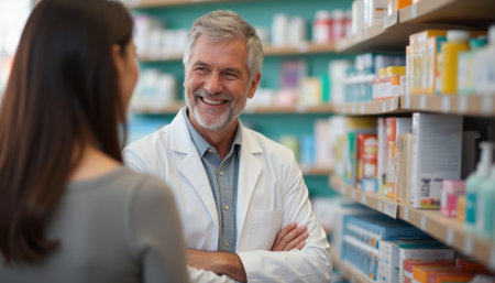 A cheerful pharmacist with gray hair smiles warmly at a woman in a cozy pharmacy filled with colorful products. This inviting scene captures the essence of helpfulness and trust in healthcare, showcasing a positive interaction between the pharmacist and customerの素材