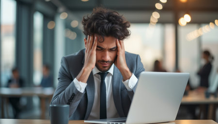 A frustrated businessman in a sharp suit sits at a sleek desk, hands on his head, overwhelmed by work. The contemporary office setting reflects a high-pressure environment, capturing the essence of modern corporate stressの素材