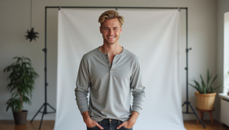 A cheerful young man with blonde hair stands confidently in a light gray shirt, radiating positivity in a well-lit studio. His warm smile and relaxed posture create an inviting atmosphere, perfect for showcasing personal style and charismaの素材